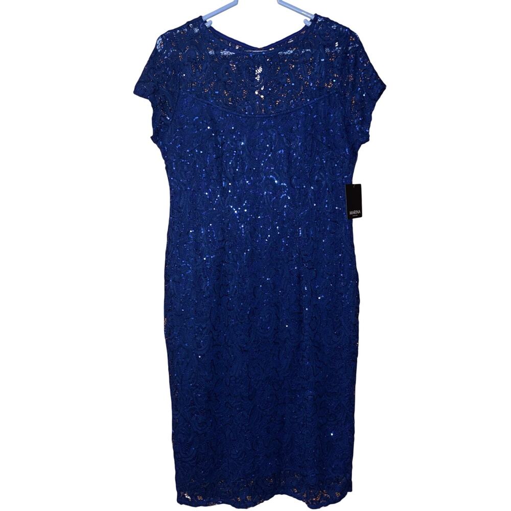 Marina women’s Sequin Lace Cap Sleeve Sheath Dress cobalt blue NWT (size 14)